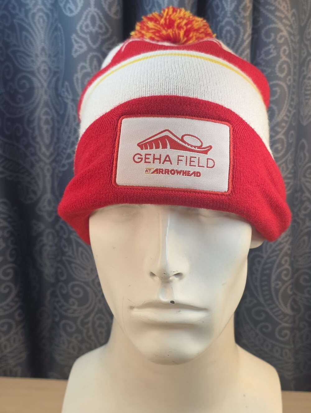 GEHA Beanie Toque Adult One Size Red Yellow Knit Acrylic Insurance Ski Pom